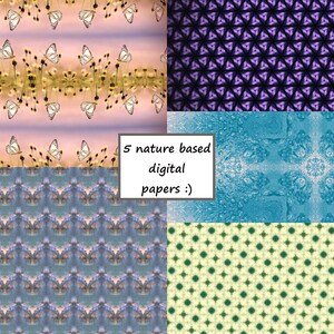 May include: Five digital paper designs featuring nature-inspired patterns. The first design features a pink and white background with white butterflies and yellow dandelion-like flowers. The second design features a purple and black background with a repeating geometric pattern. The third design features a blue background with a repeating geometric pattern. The fourth design features a blue and white background with a repeating geometric pattern. The fifth design features a yellow and green background with a repeating geometric pattern.