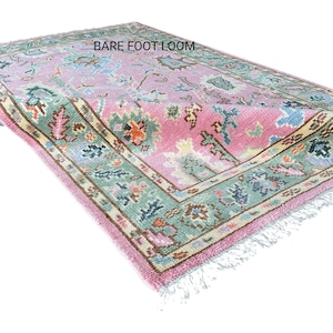 Hand-Knotted Oushak Rug | Vintage Turkish Style | Pink & Green Pastel Wool Carpet | Bohemian Decor Area Rug | 8x10, ,9x12, 10x14
