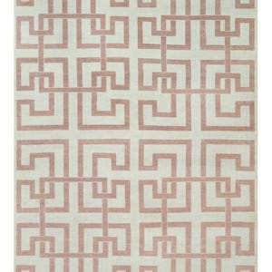 Modern Geometric Pattern Area Rug – Handwoven Flatweave Wool Carpet – Soft Beige and Terracotta Greek Key Design – Contemporary Living Room