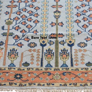 Hand Knotted Oushak Rug | Light Blue & Burnt Orange Wool Carpet | Timeless Turkish Oriental Area Rug