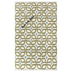 Hand Woven Wool Kilim Rug – Cream with Olive Green Floral Geometric Pattern and Blue Accents, Modern Bohemian Area Carpet 10x14 8x10