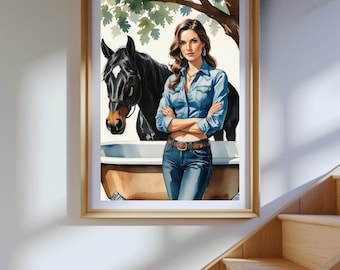 May include: Framed art print featuring a woman in denim clothing standing next to a black horse. The woman has her arms crossed and is wearing a denim shirt and jeans. The horse is in a stall. The artwork is in a wooden frame.