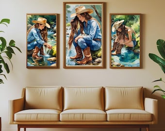 Cowgirl Bathing in Stream Art Print: Western Decor (Digital Download)