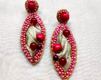 Handmade Beaded Fabric Earrings, Red & White Party Wear, Gift for Her