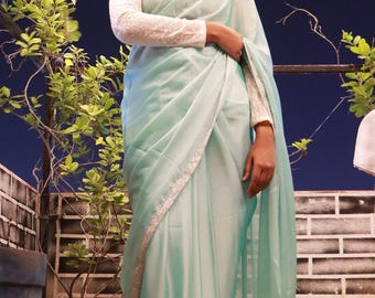 Aqua Chiffon Saree | Glass Beaded Lace, Indian Partywear
