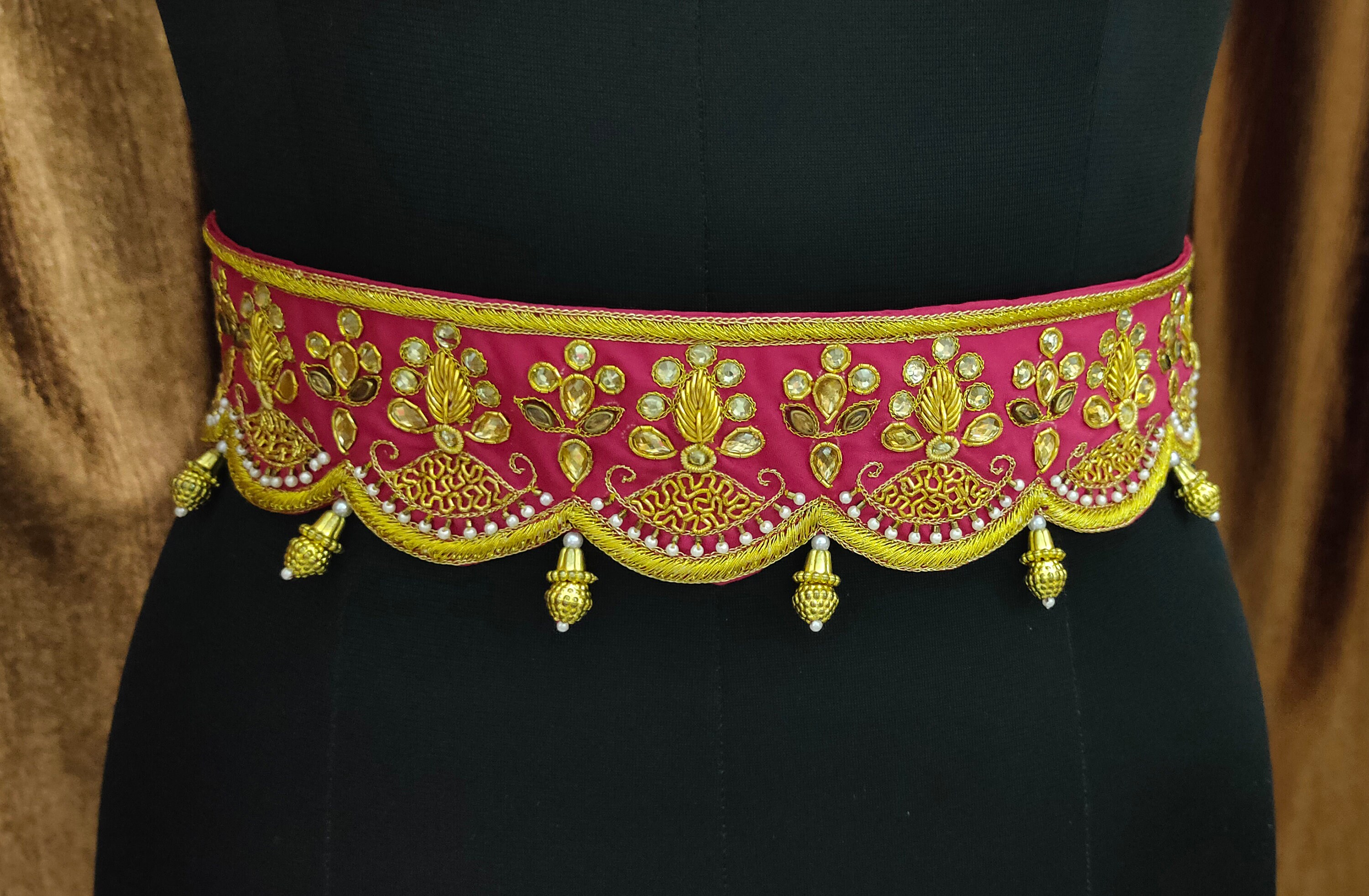 Pink Saree Belt, Aari Work, Golden Saree Belt , Gold Sari Belt Hip