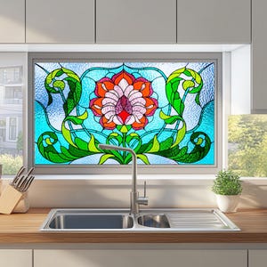 Stained Glass Window Film – Floral Lotus Design, Frosted Privacy Static Cling for Kitchen and Home Decor