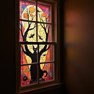 Halloween Window Privacy Film Stained Glass Cat Tree Moon Design Static Cling Decorative Vinyl for Home Bedroom Living Room Custom Size