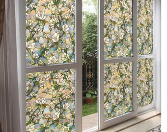 Custom Size Retro Floral Frosted Privacy Window Film - European Style Heat Control Static Cling Glass Stickers