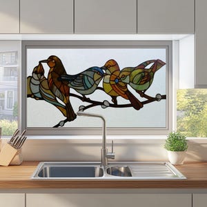 Custom Stained Glass Window Film – Bird Design Frosted Privacy Static Cling for Kitchen Decor