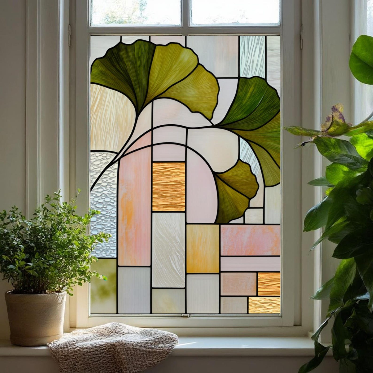 Gingko Window Stained Glass Window Film Ginkgo Leaf Art Nouveau Design Window Privacy ...