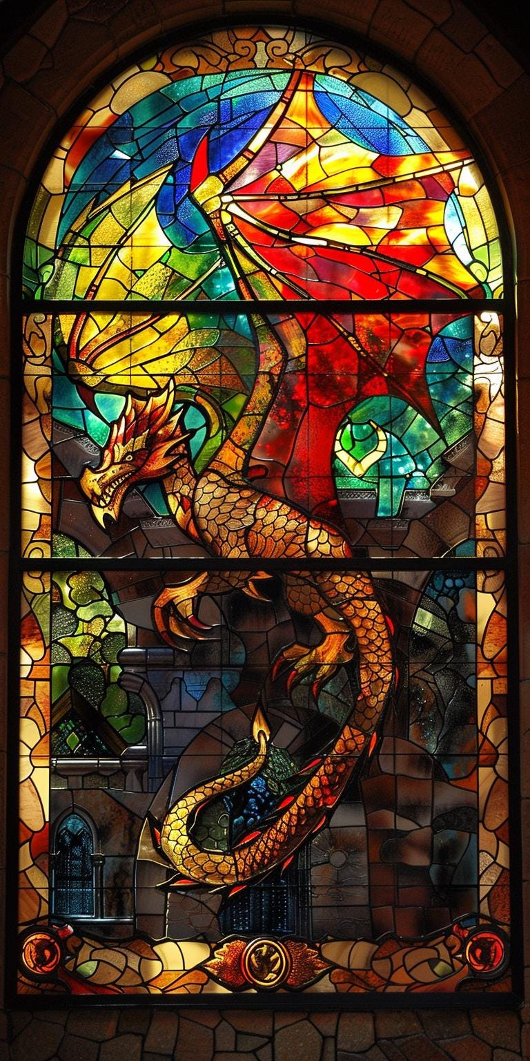 Fantasy Dragon and Warrior Stained Glass Panels - Gothic Style Window ...