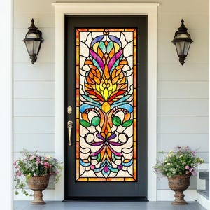 Art Nouveau Stained Glass Window Film - Vibrant Floral Pattern for Doors & Decorative Panels