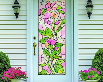 Stained Glass Window Film Floral Vine Design Privacy Frosted Vinyl Static Cling No Glue UV Protection for Front Doors and Home Windows