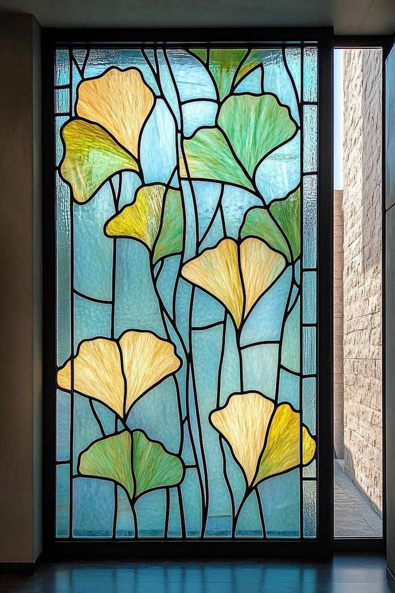Gingko Window Custom Ginkgo Leaf Stained Glass Window Film – Yellow Botanical Privacy ...