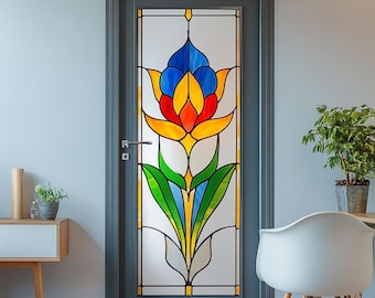 Stained Glass Window Film Elegant Floral Tulip Design Privacy Frosted Vinyl Static Cling No Glue UV Protection for Home Windows