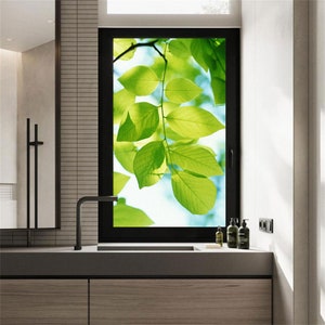 Frosted Custom Size Window Film Green Leaves Nature Decorative Film Sun Blocking Static Cling No Adhesive Privacy Home Decal
