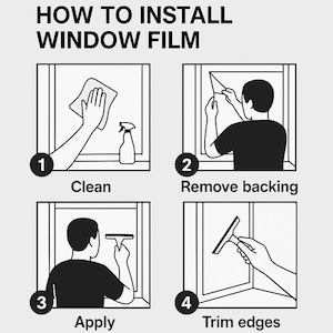May include: A step-by-step guide on how to install window film. The black and white illustrations show the process: cleaning the window, removing the backing, applying the film, and trimming the edges. Text at the top reads "HOW TO INSTALL WINDOW FILM".