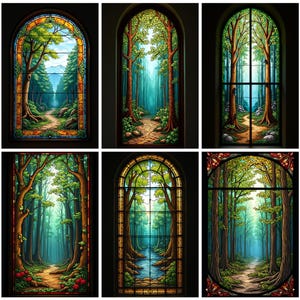Custom Forest Path Stained Glass Window Film – Arched Tree Trail Static Cling Privacy Film for Entryway, Living Room, Balcony or Door Decor