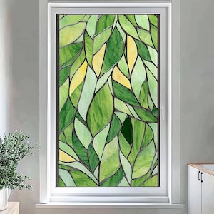 Leafy Green Stained Glass Window Film, Non-Adhesive Frosted Privacy Window Cling, Nature-Inspired Decorative Sticker for Home and Office