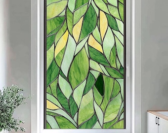Leafy Green Stained Glass Window Film, Non-Adhesive Frosted Privacy Window Cling, Nature-Inspired Decorative Sticker for Home and Office