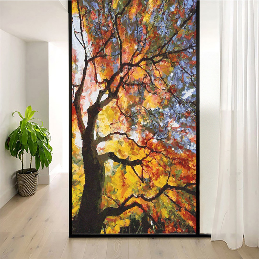 Colourful Tree Window Sticker Custom Size Frosted Window Sticker Autumn Tree Painting Privacy Static ...