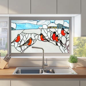 Custom Stained Glass Window Film – Winter Birds Design, Frosted Privacy Static Cling for Kitchen Decor