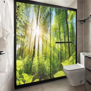 Sonnenschutz Anti-UV Frostschutzglas Fensterfolie - Sonnige Wald Muster, klebstofffrei, Statische Haftung für Glastür Dekoration
