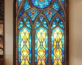 Custom Cathedral Stained Glass Window Film, Vibrant Gothic Arches Design, Privacy and Decorative Film for Home or Office