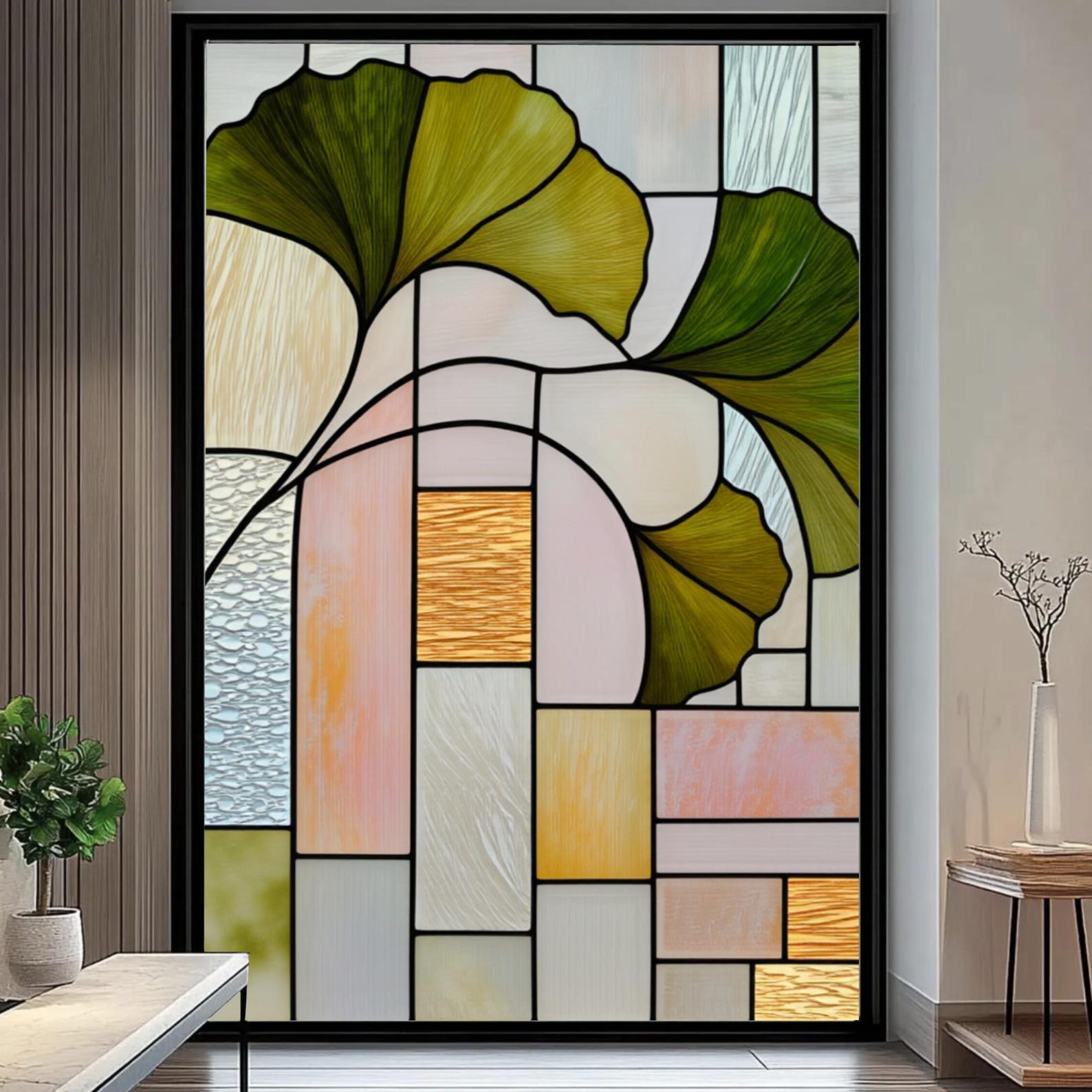 Gingko Window Stained Glass Window Film Ginkgo Leaf Art Nouveau Design Window Privacy ...