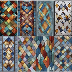 May include: Eight stained glass panels with geometric designs. Each panel features a unique pattern of colourful shapes, including diamonds, squares, and triangles. The panels use a variety of colours, including blue, orange, yellow, and brown.