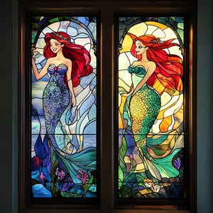 Dual Mermaid Stained Glass Window Film - Custom Decorative Privacy Film, Non-Adhesive Static Cling, Perfect for Bathrooms & Kids’ Spaces