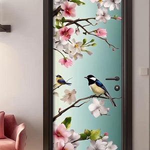 Handcrafted Stained Glass Door Cling - Soft Blossom and Bird Design for Privacy and Tranquil Atmosphere