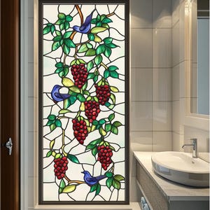 Grape Vine Stained Glass Window Film, Vibrant Nature Design Privacy Static Cling, Non-Adhesive Decorative Frosted Window Sticker for Home