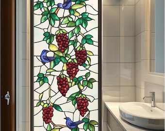 Grape Vine Stained Glass Window Film, Vibrant Nature Design Privacy Static Cling, Non-Adhesive Decorative Frosted Window Sticker for Home
