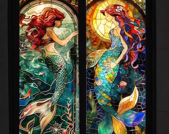 Film pour vitrail sirène personnalisé, design sous-marin vibrant avec art fantastique pour l'intimité et la décoration