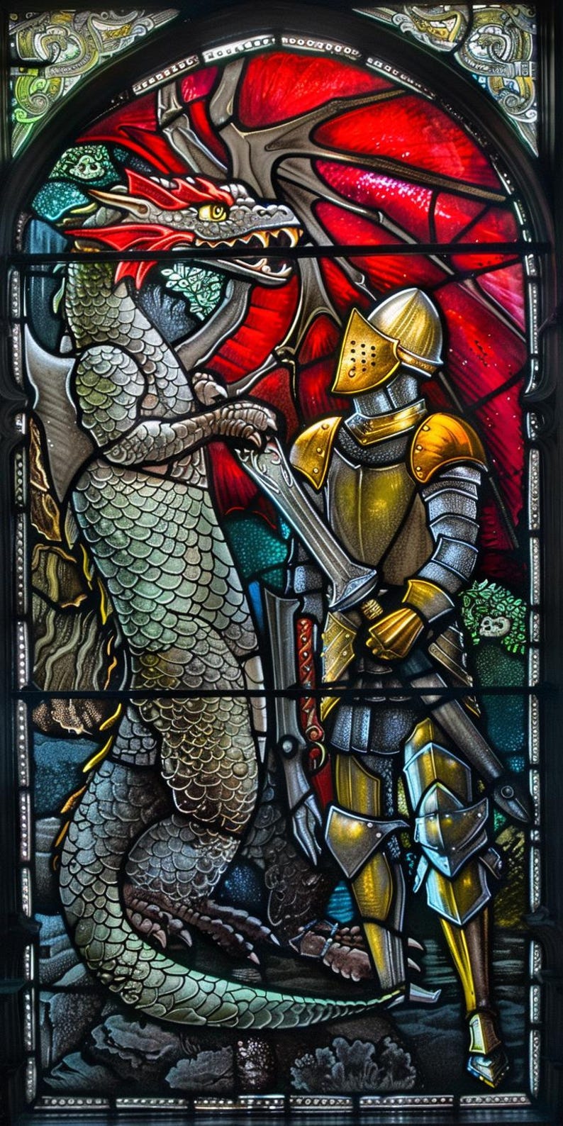Fantasy Dragon and Warrior Stained Glass Panels - Gothic Style Window ...