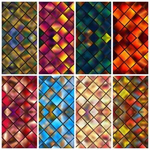 Könnte beinhalten: Ein Set mit 8 digitalen Papiermustern mit einem geometrischen Rautenmuster in verschiedenen Farben, darunter Blau, Grün, Rot, Orange, Gelb und Lila.