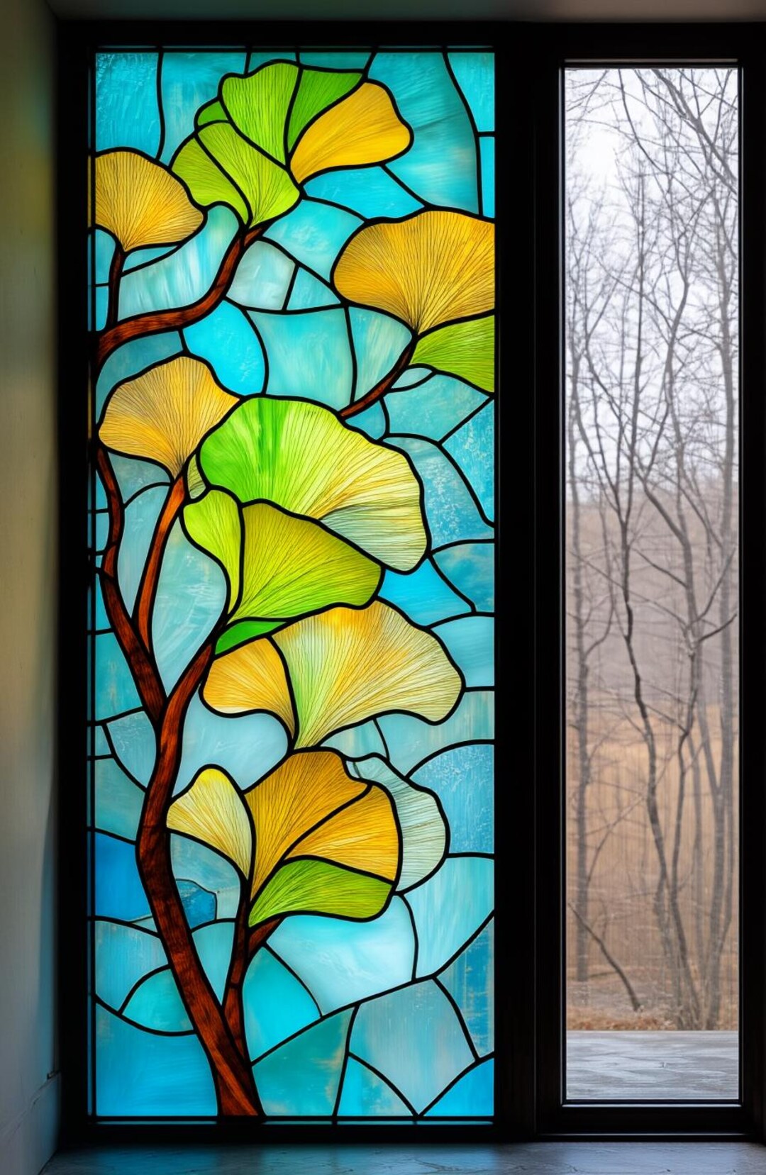 Gingko Window Ginkgo Leaf Stained Glass Window Film – Nature-inspired Green and Amber ...