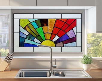 Película de vidro colorido Rainbow Sunburst – Adesivo estático de privacidade decorativo vibrante para cozinha ou casa