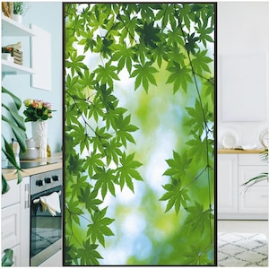 Green Leaves Privacy Window Film – Static Cling, Frosted Glass Sticker with UV Blocking and Heat Control for Window Decoration