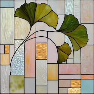 May include: Stained glass panel with a ginkgo leaf design. The leaves are green and yellow, set against a backdrop of geometric shapes in pastel pink, beige, and gold. Black lines define the shapes. The panel is a decorative art piece.