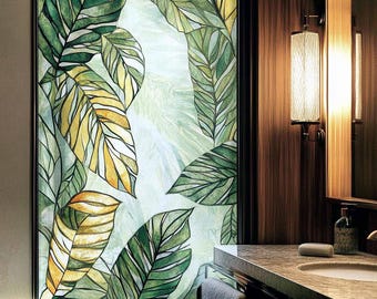 Nature-Inspired Leaf Design Stained Glass Window Film, Frosted Privacy Cling for Bathroom, Non-Adhesive Decorative Window Sticker for Home
