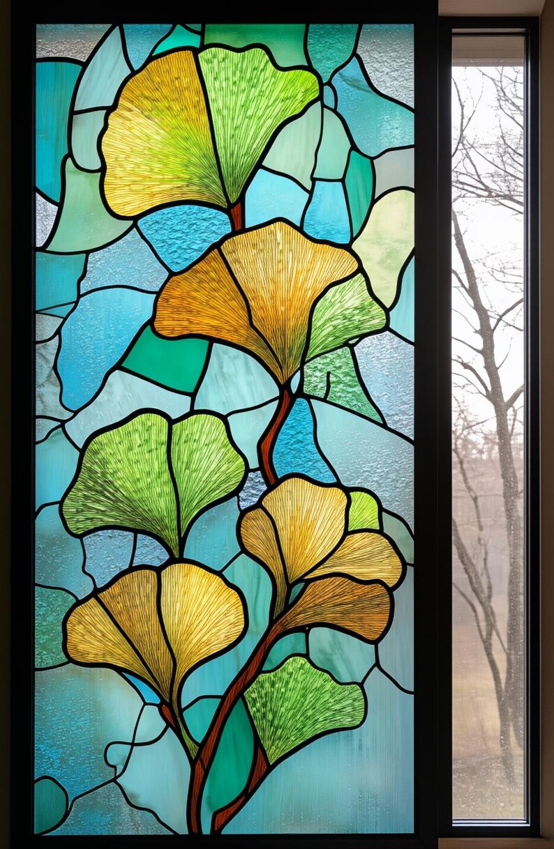 Gingko Window Ginkgo Leaf Stained Glass Window Film – Nature-inspired Green and Amber ...