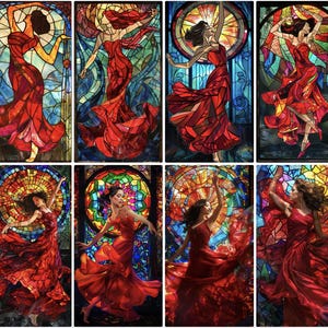 Red Dancer Stained Glass Window Film, Vibrant Artistic Privacy Cling for Home Decor, Decorative Static Film for Windows and Glass Doors