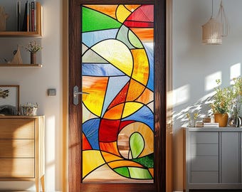 Pellicola decorativa per vetri colorati, motivo artistico multicolore vibrante, privacy, vinile satinato, statica, senza colla, protezione UV per porte