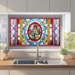 Floral Stained Glass Window Film – Vintage Red Flower Design for Decorative Privacy in Kitchens and Bathrooms
