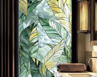 Green Leaf Stained Glass Window Film - Tropical Privacy Decorative Film - Non-Adhesive Static Cling for Bathroom, Living Room, Kitchen Decor