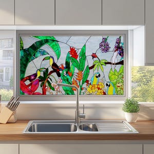 Custom Stained Glass Window Film – Bird Design, Frosted Privacy Static Cling for Kitchen Decor