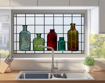 Niestandardowa folia na witraże – Vintage Glass Bottles Design, matowa prywatność, statyczna przylepność do wystroju kuchni